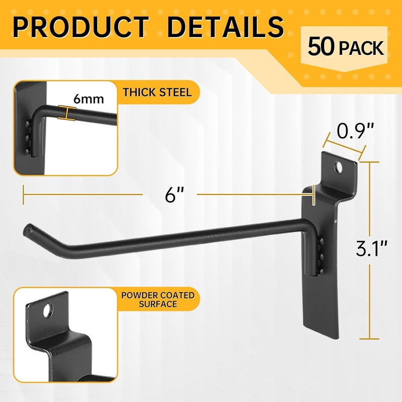 SINCHEEWAY 50 Pack Slatwall Hooks, Slatwall Accessory for Hanging, Slat Board Hook for Garage, Retail, Home, and Shop Display (Black, 6 Inch) - Image 2